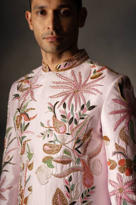 Shop_Hilo Design_White Cotton Satin, Silk Cut Work, Embroidery Floral Cutdana Sherwani Set _Online_at_Aza_Fashions