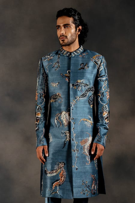 Hilo Design Blue Cutdana Embroidered Sherwani Set 