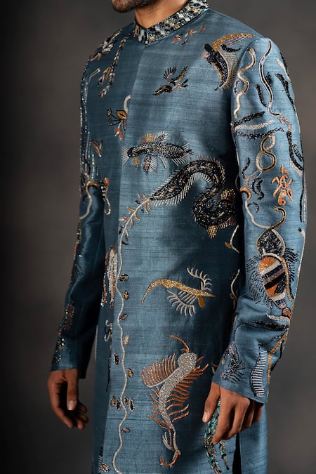 Hilo Design_Blue Cotton Satin, Silk Cut Work, Embroidery Cutdana Sherwani Set _Online_at_Aza_Fashions