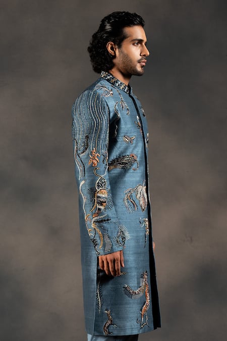 Buy_Hilo Design_Blue Cotton Satin, Silk Cut Work, Embroidery Cutdana Sherwani Set _Online_at_Aza_Fashions