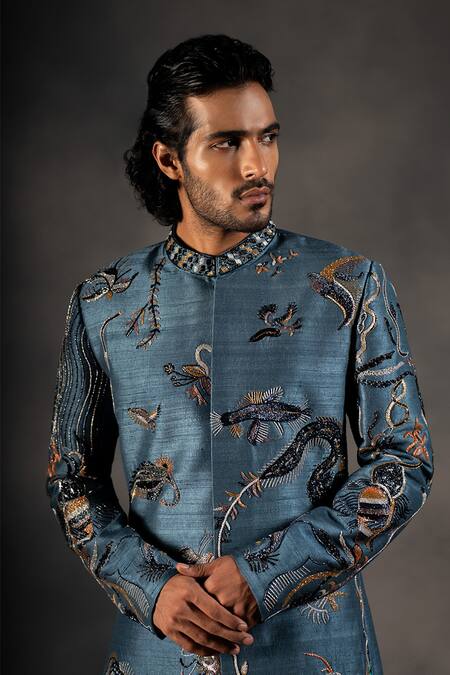 Shop_Hilo Design_Blue Cotton Satin, Silk Cut Work, Embroidery Cutdana Sherwani Set _Online_at_Aza_Fashions