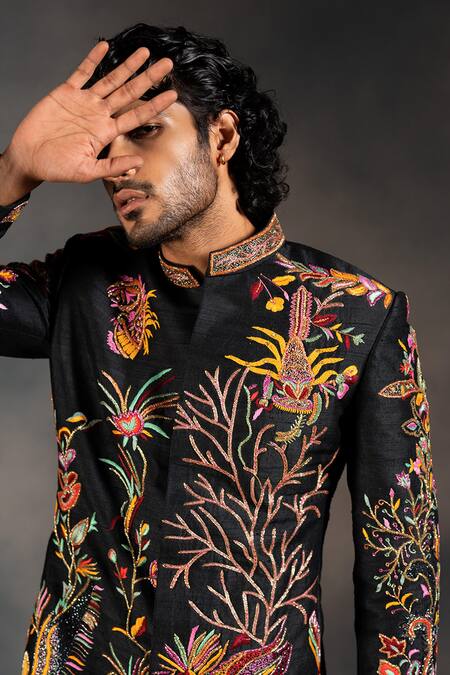 Hilo Design Black Cotton Satin, Silk Cut Work Underwater Embroidered Sherwani Set Online at Aza Fashions Hilo Design_Black Cotton Satin, Silk Cut Work Underwater Embroidered Sherwani Set _Online_at_Aza_Fashions