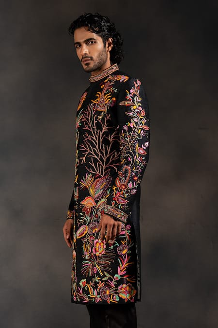 Buy Hilo Design Black Cotton Satin, Silk Cut Work Underwater Embroidered Sherwani Set Online at Aza Fashions Buy_Hilo Design_Black Cotton Satin, Silk Cut Work Underwater Embroidered Sherwani Set _Online_at_Aza_Fashions