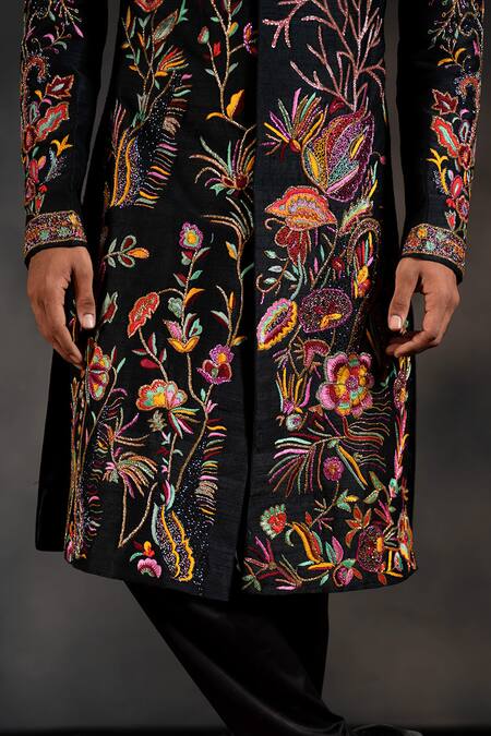 Shop Hilo Design Black Cotton Satin, Silk Cut Work Underwater Embroidered Sherwani Set Online at Aza Fashions Shop_Hilo Design_Black Cotton Satin, Silk Cut Work Underwater Embroidered Sherwani Set _Online_at_Aza_Fashions