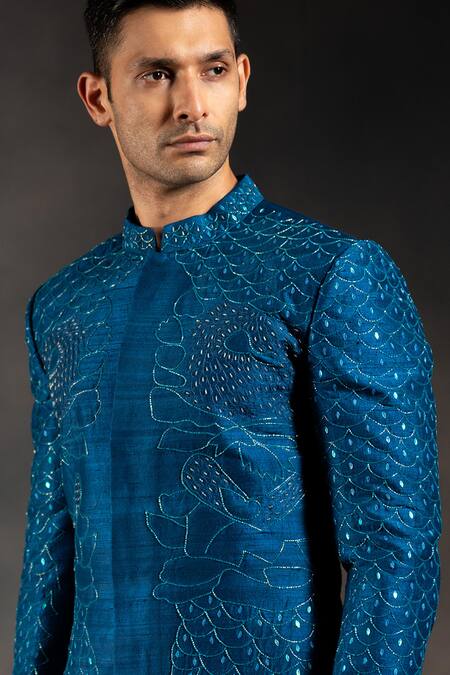 Hilo Design White Cotton Satin, Silk Cut Work, Indigo Cutdana Embroidered Sherwani Set Online at Aza Fashions Hilo Design_White Cotton Satin, Silk Cut Work, Indigo Cutdana Embroidered Sherwani Set _Online_at_Aza_Fashions