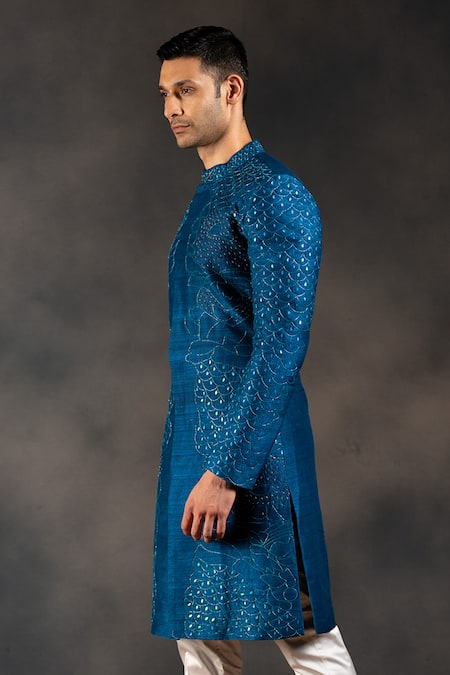 Buy Hilo Design White Cotton Satin, Silk Cut Work, Indigo Cutdana Embroidered Sherwani Set Online at Aza Fashions Buy_Hilo Design_White Cotton Satin, Silk Cut Work, Indigo Cutdana Embroidered Sherwani Set _Online_at_Aza_Fashions