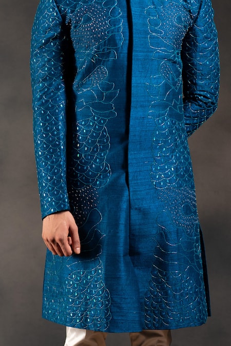 Shop Hilo Design White Cotton Satin, Silk Cut Work, Indigo Cutdana Embroidered Sherwani Set Online at Aza Fashions Shop_Hilo Design_White Cotton Satin, Silk Cut Work, Indigo Cutdana Embroidered Sherwani Set _Online_at_Aza_Fashions