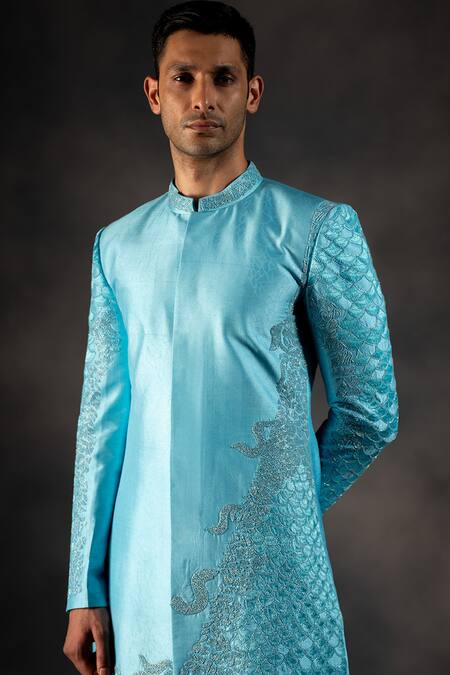 Hilo Design_White Cotton Satin, Silk Cut Work Sky Blue Cutdana Embroidered Sherwani Set _Online_at_Aza_Fashions