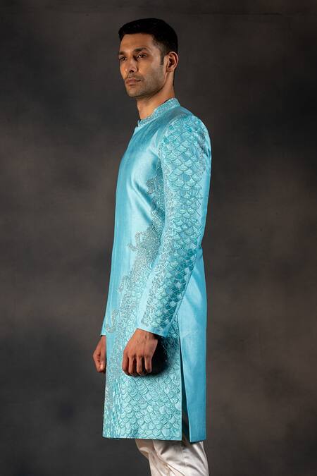 Buy_Hilo Design_White Cotton Satin, Silk Cut Work Sky Blue Cutdana Embroidered Sherwani Set _Online_at_Aza_Fashions