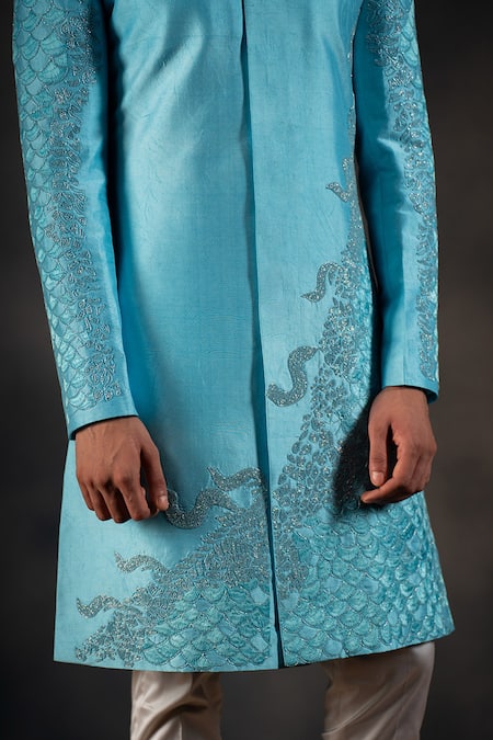 Shop_Hilo Design_White Cotton Satin, Silk Cut Work Sky Blue Cutdana Embroidered Sherwani Set _Online_at_Aza_Fashions