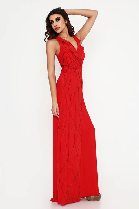 Disha Kahai_Red Georgette Cut Work, Sequins V-neck Embroidered Flared Jumpsuit_Online_at_Aza_Fashions
