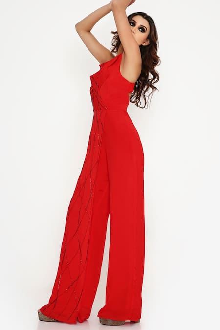 Buy_Disha Kahai_Red Georgette Cut Work, Sequins V-neck Embroidered Flared Jumpsuit_Online_at_Aza_Fashions