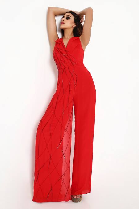 Shop_Disha Kahai_Red Georgette Cut Work, Sequins V-neck Embroidered Flared Jumpsuit_Online_at_Aza_Fashions