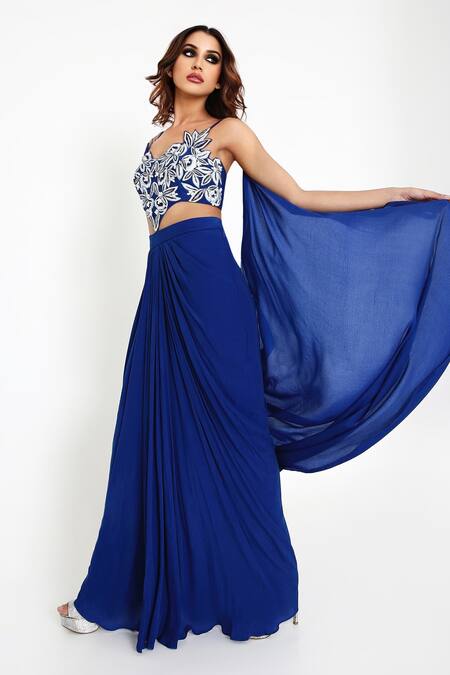 Disha Kahai_Blue Silk, Net, Georgette Beads, Embroidery Floral Cutwork Saree Gown_Online_at_Aza_Fashions