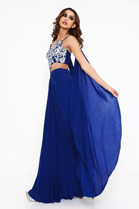 Buy_Disha Kahai_Blue Silk, Net, Georgette Beads, Embroidery Floral Cutwork Saree Gown_Online_at_Aza_Fashions