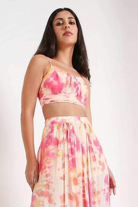 Disha Kahai Multi Color Crepe Scoop Neck Abstract Printed Blouse And Skirt Set Online at Aza Fashions Disha Kahai_Multi Color Crepe Scoop Neck Abstract Printed Blouse And Skirt Set_Online_at_Aza_Fashions