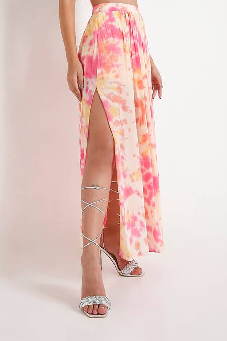 Shop Disha Kahai Multi Color Crepe Scoop Neck Abstract Printed Blouse And Skirt Set Online at Aza Fashions Shop_Disha Kahai_Multi Color Crepe Scoop Neck Abstract Printed Blouse And Skirt Set_Online_at_Aza_Fashions