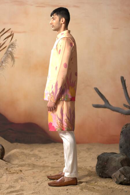 Buy_Hilo Design_Coral Silk, Cotton Satin Embroidery Printed Bundi And Kurta Set _Online_at_Aza_Fashions