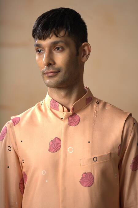 Shop_Hilo Design_Coral Silk, Cotton Satin Embroidery Printed Bundi And Kurta Set _Online_at_Aza_Fashions