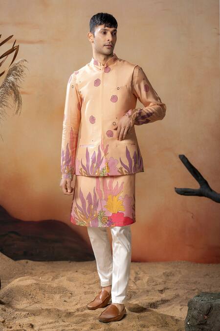 Hilo Design_Coral Silk, Cotton Satin Embroidery Printed Bundi And Kurta Set _at_Aza_Fashions