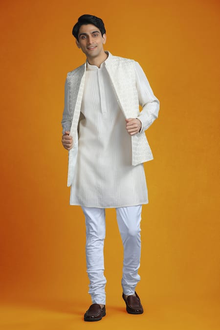 Buy Char Chaand Ivory Silk Embroidery Thread Bundi And Kurta Set Online at Aza Fashions Buy_Char Chaand_Ivory Silk Embroidery Thread Bundi And Kurta Set _Online_at_Aza_Fashions