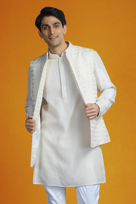 Shop Char Chaand Ivory Silk Embroidery Thread Bundi And Kurta Set Online at Aza Fashions Shop_Char Chaand_Ivory Silk Embroidery Thread Bundi And Kurta Set _Online_at_Aza_Fashions