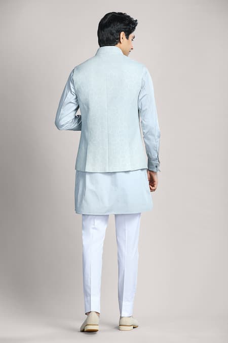 Shop Char Chaand Blue Cotton, Linen, Satin Geometric Bundi Set With Solid Kurta at Aza Fashions Shop_Char Chaand_Blue Cotton, Linen, Satin Geometric Bundi Set With Solid Kurta _at_Aza_Fashions