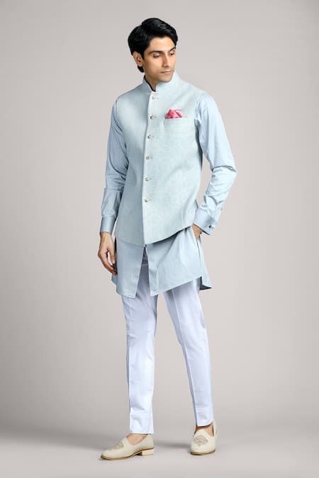 Char Chaand Blue Cotton, Linen, Satin Geometric Bundi Set With Solid Kurta at Aza Fashions Char Chaand_Blue Cotton, Linen, Satin Geometric Bundi Set With Solid Kurta _at_Aza_Fashions
