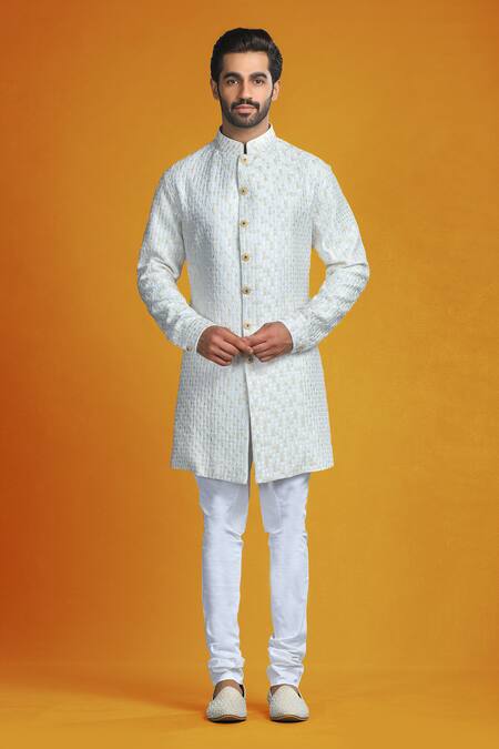 Char Chaand Ivory Silk Embroidery Bullian Bloom Thread Kurta Set Online at Aza Fashions Char Chaand_Ivory Silk Embroidery Bullian Bloom Thread Kurta Set _Online_at_Aza_Fashions