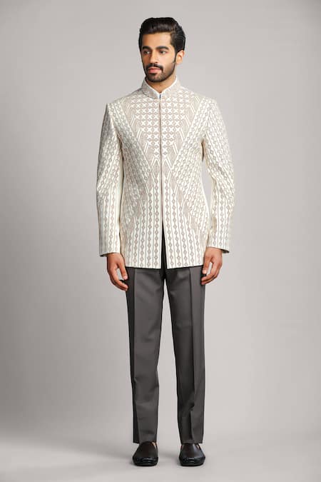 Char Chaand_Ivory Linen, Silk Cut Work Geometric Dori And Cutdana Bandhgala _Online_at_Aza_Fashions