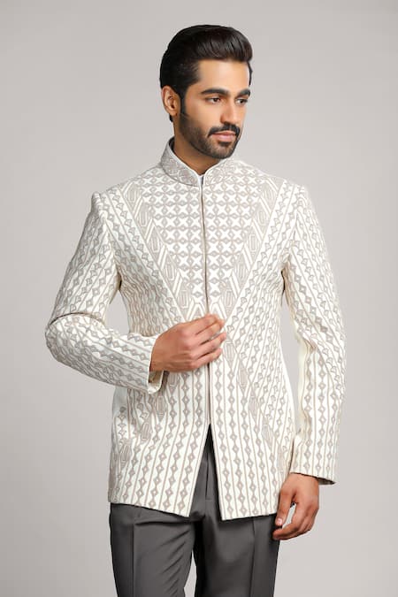 Buy_Char Chaand_Ivory Linen, Silk Cut Work Geometric Dori And Cutdana Bandhgala _Online_at_Aza_Fashions