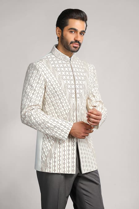 Shop_Char Chaand_Ivory Linen, Silk Cut Work Geometric Dori And Cutdana Bandhgala _Online_at_Aza_Fashions