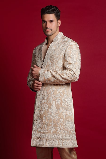 Char Chaand Beige Linen, Satin Embroidery Kashmiri Aari Sherwani Set Online at Aza Fashions Char Chaand_Beige Linen, Satin Embroidery Kashmiri Aari Sherwani Set _Online_at_Aza_Fashions
