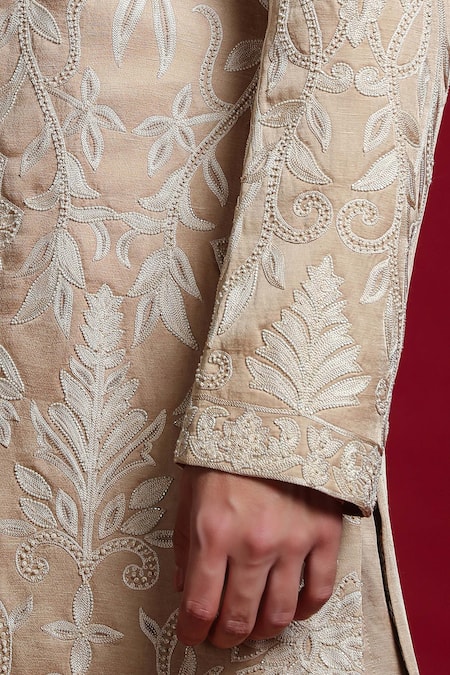 Char Chaand Beige Linen, Satin Embroidery Kashmiri Aari Sherwani Set at Aza Fashions Char Chaand_Beige Linen, Satin Embroidery Kashmiri Aari Sherwani Set _at_Aza_Fashions