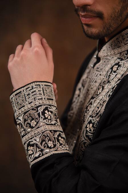 Shop_Char Chaand_Black Silk Embroidery Floral Thread Kurta _Online_at_Aza_Fashions