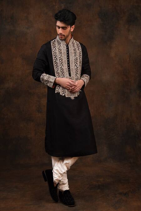 Char Chaand_Black Silk Embroidery Floral Thread Kurta _at_Aza_Fashions