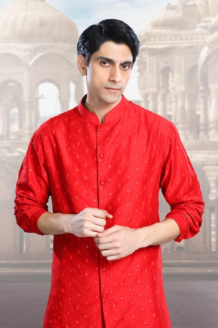 Char Chaand Red Cotton, Georgette, Satin Sequins, Embroidery Bloom Kurta Set at Aza Fashions Char Chaand_Red Cotton, Georgette, Satin Sequins, Embroidery Bloom Kurta Set _at_Aza_Fashions