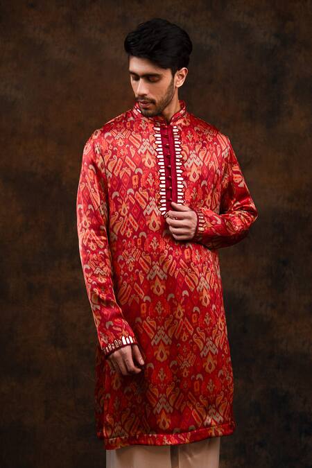 Char Chaand_Red Satin, Silk Ikat Print Kurta _Online_at_Aza_Fashions