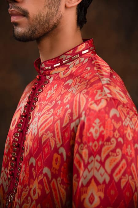 Char Chaand_Red Satin, Silk Ikat Print Kurta _at_Aza_Fashions