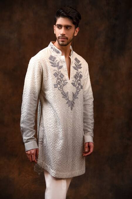 Shop Char Chaand Off White Silk Embroidery Ombre Chikankari Mirror Kurta Online at Aza Fashions Shop_Char Chaand_Off White Silk Embroidery Ombre Chikankari Mirror Kurta _Online_at_Aza_Fashions