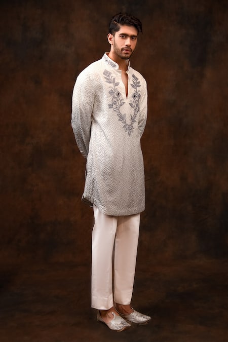Char Chaand Off White Silk Embroidery Ombre Chikankari Mirror Kurta at Aza Fashions Char Chaand_Off White Silk Embroidery Ombre Chikankari Mirror Kurta _at_Aza_Fashions