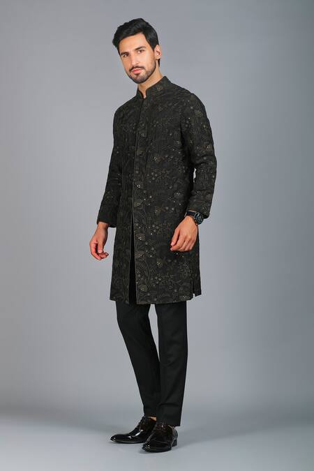 Char Chaand_Black Linen, Satin Sequins Gardenia Thread Embroidered Kurta _Online_at_Aza_Fashions