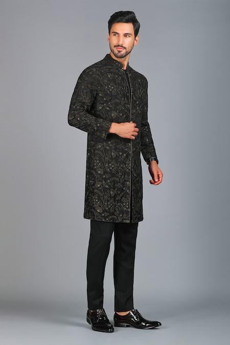 Buy_Char Chaand_Black Linen, Satin Sequins Gardenia Thread Embroidered Kurta _Online_at_Aza_Fashions