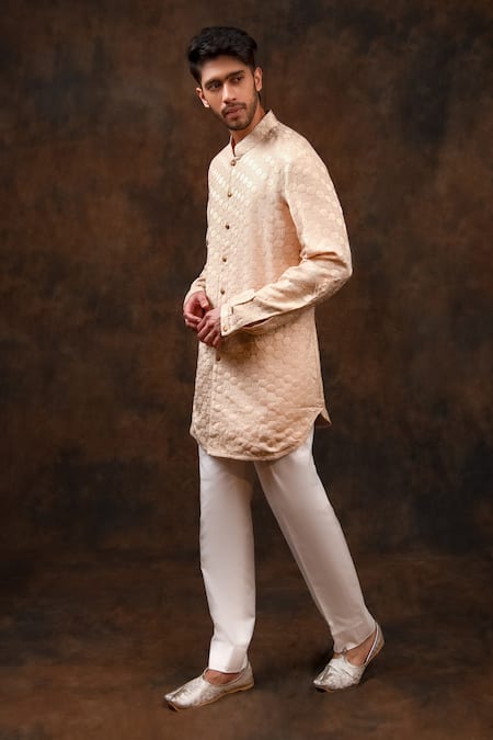 Char Chaand Peach Silk Embroidery Chikankari Kurta Online at Aza Fashions Char Chaand_Peach Silk Embroidery Chikankari Kurta _Online_at_Aza_Fashions