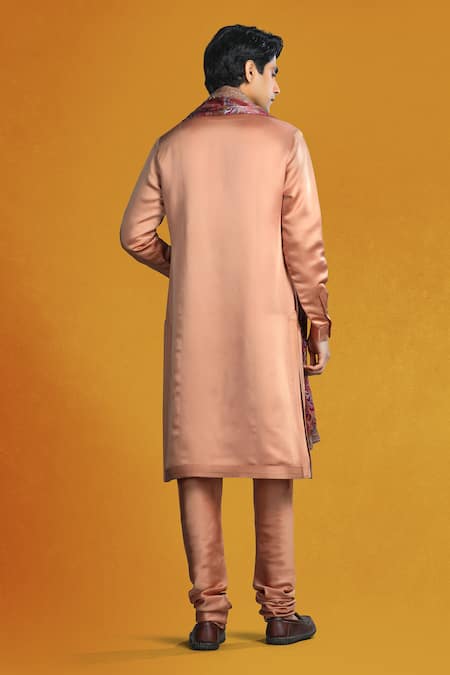 Shop_Char Chaand_Beige Linen, Satin, Georgette Zari, Embroidery Vine Kurta Set _at_Aza_Fashions