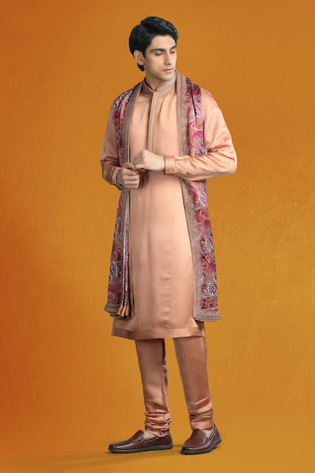 Char Chaand_Beige Linen, Satin, Georgette Zari, Embroidery Vine Kurta Set _Online_at_Aza_Fashions