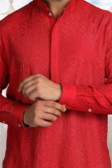 Shop_Char Chaand_Red Silk Embroidery Geometric Thread Kurta _Online_at_Aza_Fashions