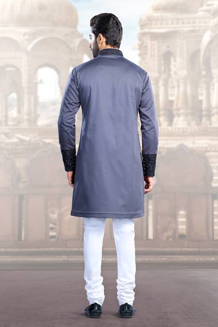 Shop_Char Chaand_Gray Linen, Satin Embroidery Gul Thread Kurta _at_Aza_Fashions