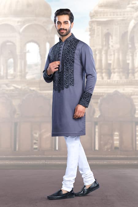 Buy_Char Chaand_Gray Linen, Satin Embroidery Gul Thread Kurta _Online_at_Aza_Fashions