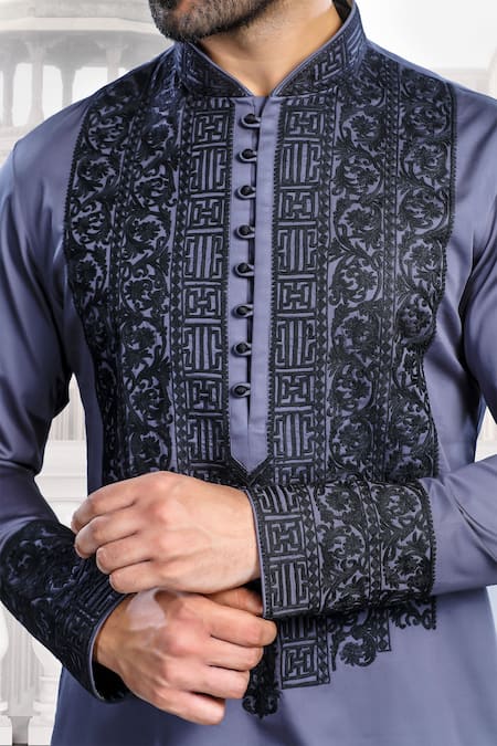 Shop_Char Chaand_Gray Linen, Satin Embroidery Gul Thread Kurta _Online_at_Aza_Fashions